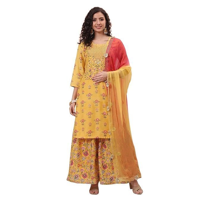 Rang Women Polyester Printed Yellow Suit Set