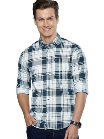 The Garage Men's Cotton Slim Fit Checkered Full Sleeves Cutaway Collar Casual Shirt