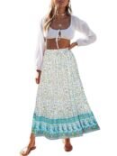 Women's 2023 Bohemian Floral Printed Elastic Waist A Line Maxi Skirt with Pockets, Lake Blue, Small