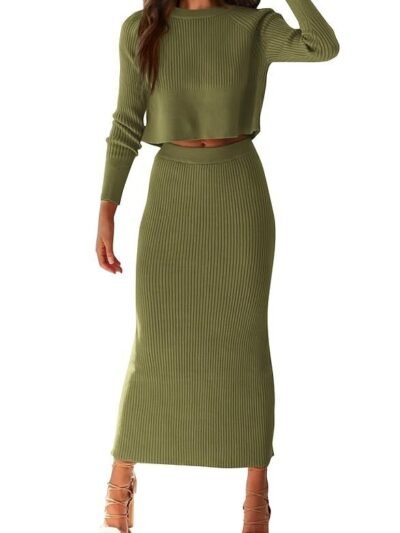 Women's Piece Sweater Set Rib Knit Long Sleeve Crop Top Maxi Bodycon Skirt Casual Winter Outfits