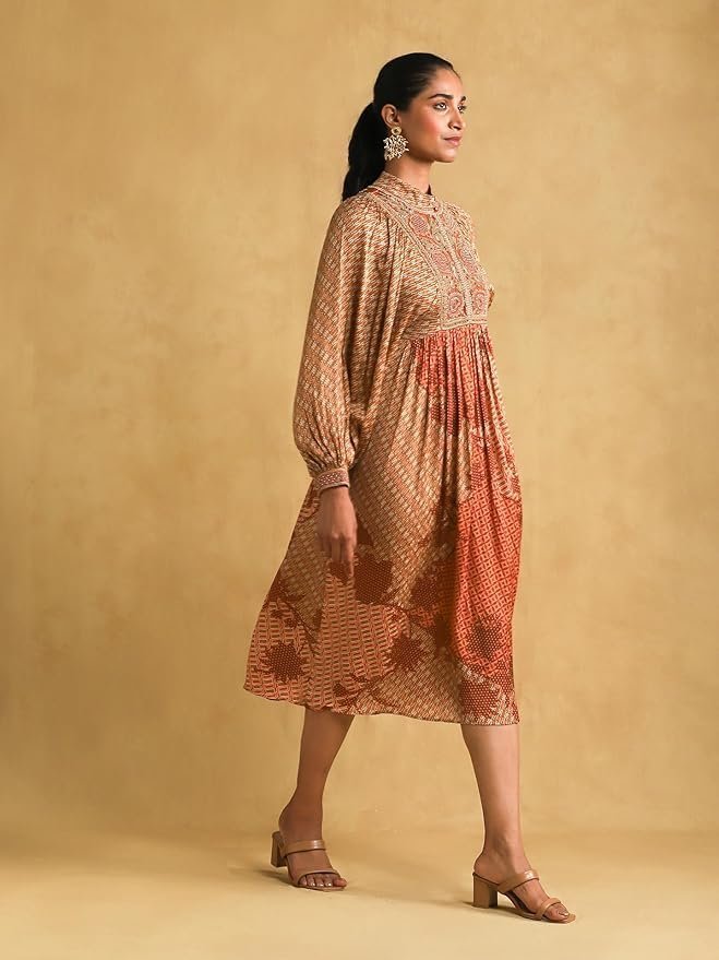 Rust Micro Print Embroidered Dress - Image 4