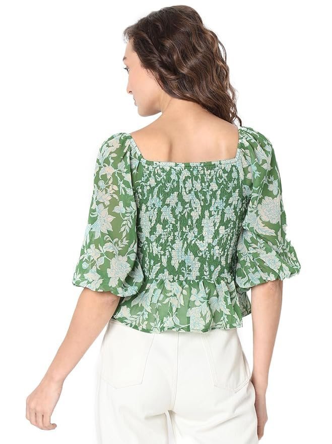Floral Printed Puff Sleeve Cinched Waist Crop Top - Image 5