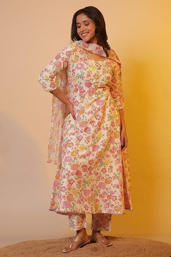 Women White Floral Print Viscose Kurta Set with Trousers & Dupatta - Image 4