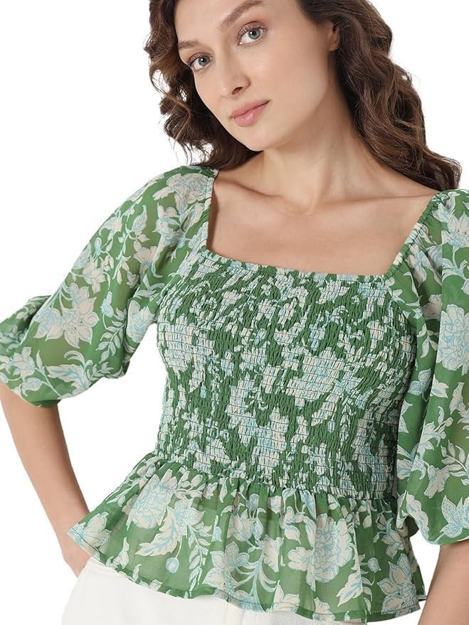 Floral Printed Puff Sleeve Cinched Waist Crop Top - Image 3