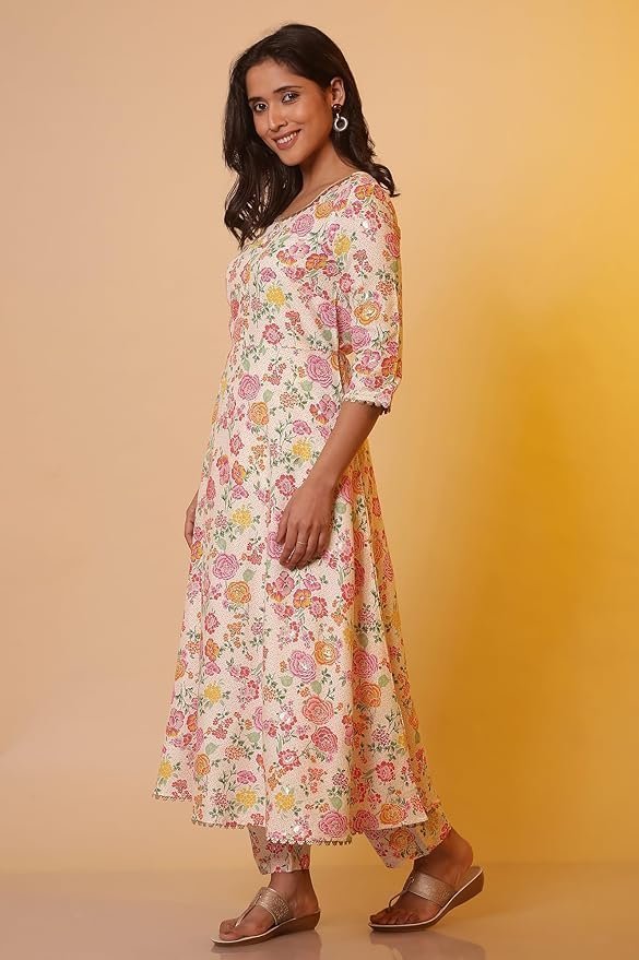 Women White Floral Print Viscose Kurta Set with Trousers & Dupatta - Image 3