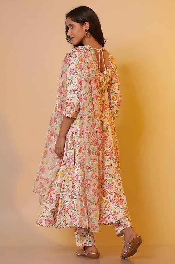 Women White Floral Print Viscose Kurta Set with Trousers & Dupatta - Image 2