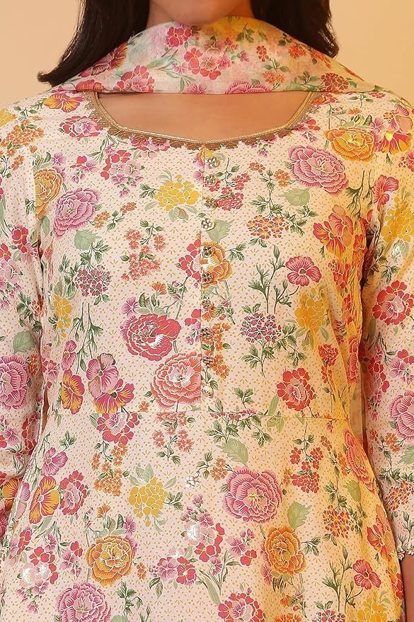 Women White Floral Print Viscose Kurta Set with Trousers & Dupatta - Image 6